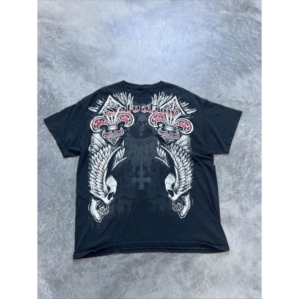 Vintage Black Wings Salvation Cross Shirt Mens  Skull Gothic Grunge Biker Y2k XL